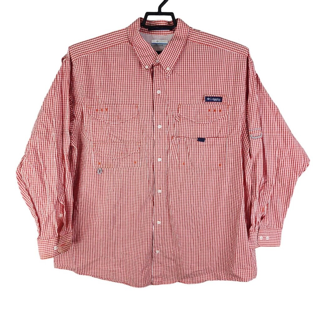 Mens Red Gingham Columbia Fishing Shirt Long Sleeve Button Down Size XL